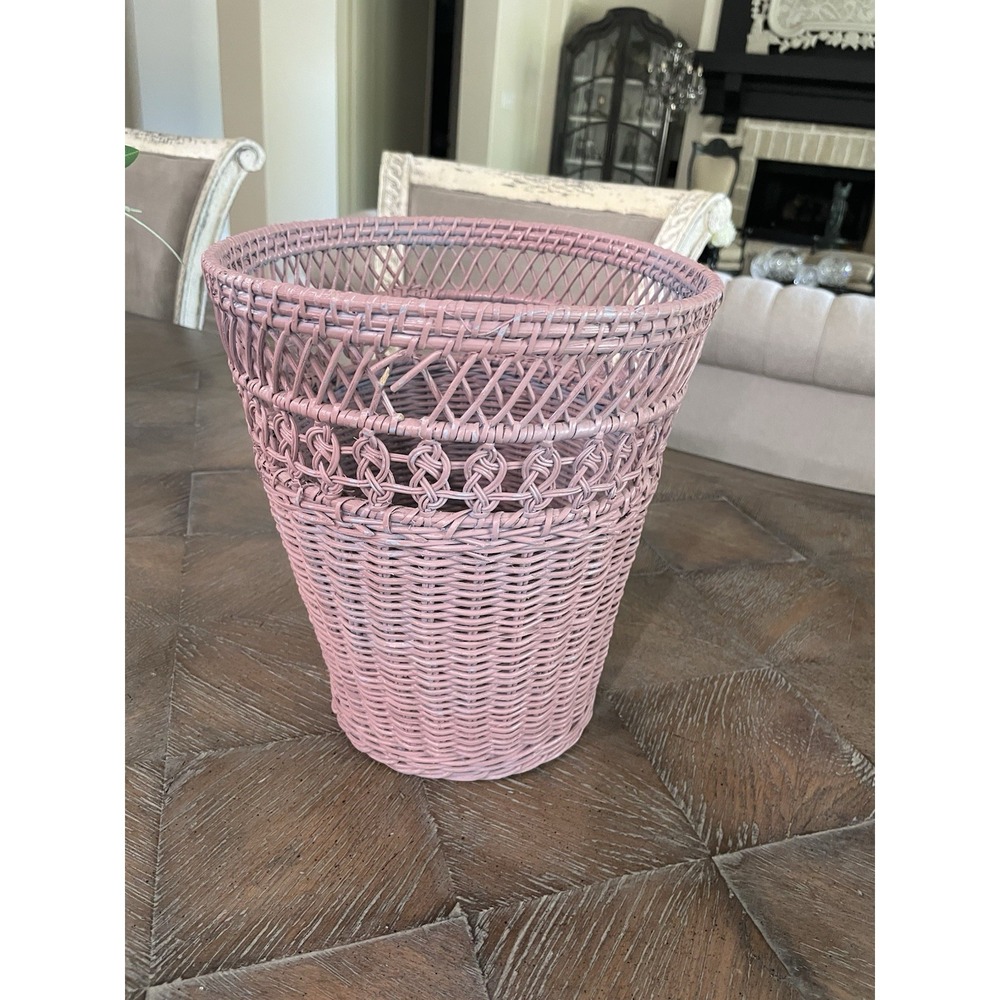 Vintage Pink Wicker Rattan Woven Waste Basket Trash Can Bin - Picture 3 of 11